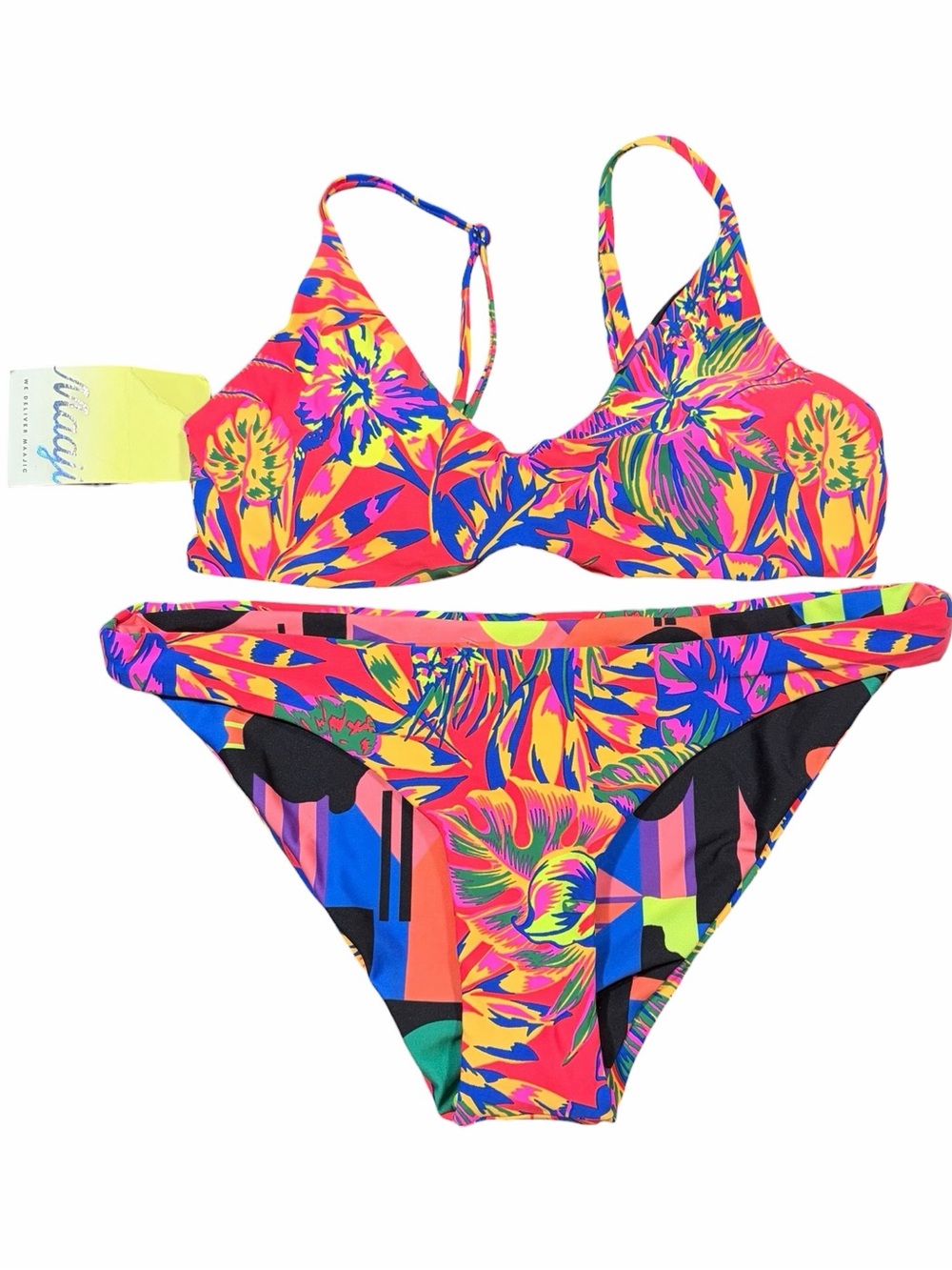Maaji Reversible Abstract Geometric Floral Bralette Bikini Top Classic Bottom S